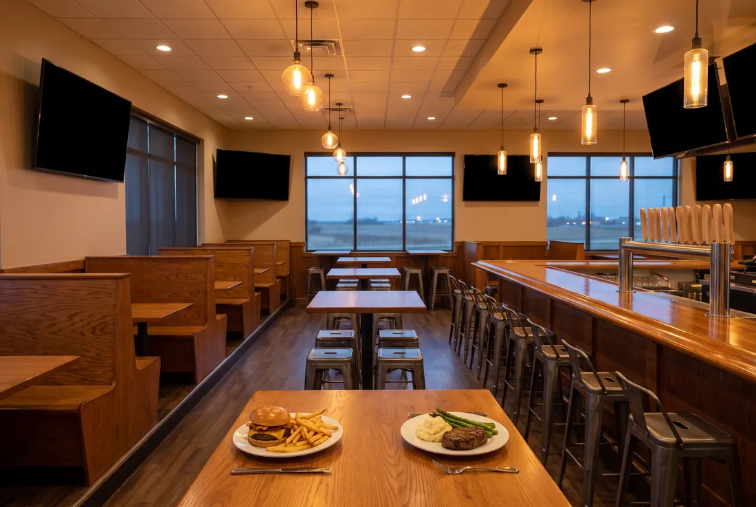A sports bar dining room with wooden booths, steel stools, a long bar and switched-off screens.