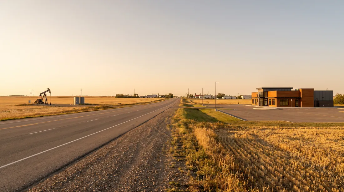 A prairie highway at golden hour with an oil pumpjack in a stubble field and a low building beside a paved lot.